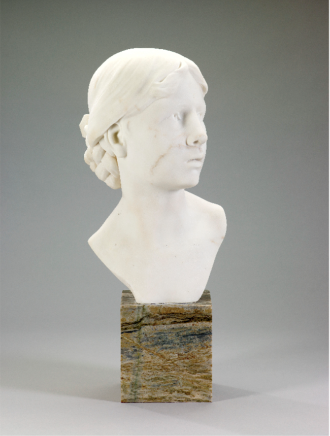 Heavenly Voices white marble bust of Joan of Arc looking off to the right. Bust sits on a square marble base.