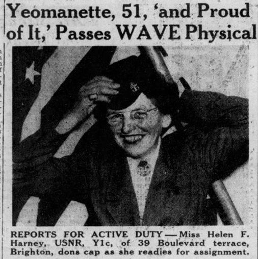 News clipping with title "Yeomanette, 51, and proud of it passes WAVE Physical" with photograph of woman putting on a military cap