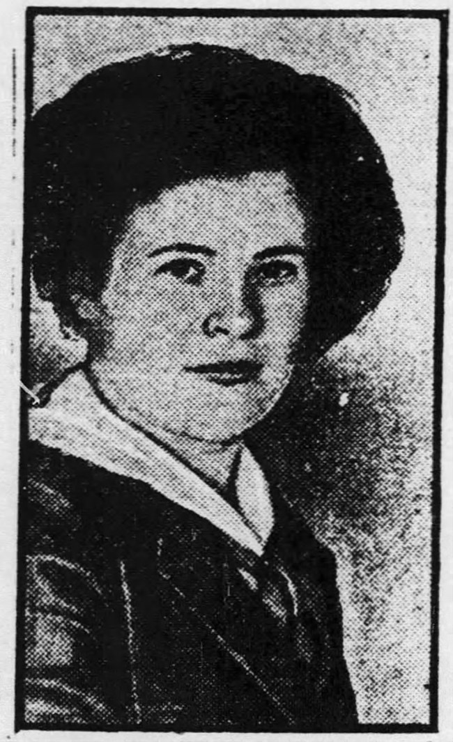 Newspaper photo of Helene Wilson wearing middy blouse, neck kerchief, and coat.