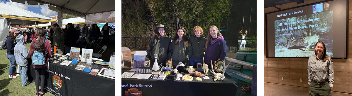 SODN at local events! Three images: three children and an adult standing at a table staffed by a scientist at a festival; four Sonoran Desert Network staff standing behind a table filled with education materials; and a biologist giving a slide presentation.