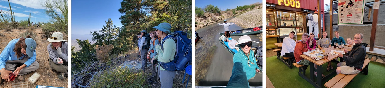 SWNC partnerships Four photos: two people sitting on the ground examining soil stability tests; four people pause their hike to marvel at the mountains; a selfie while canoeing; and a group of scientists eating at a picnic table at a food shop.