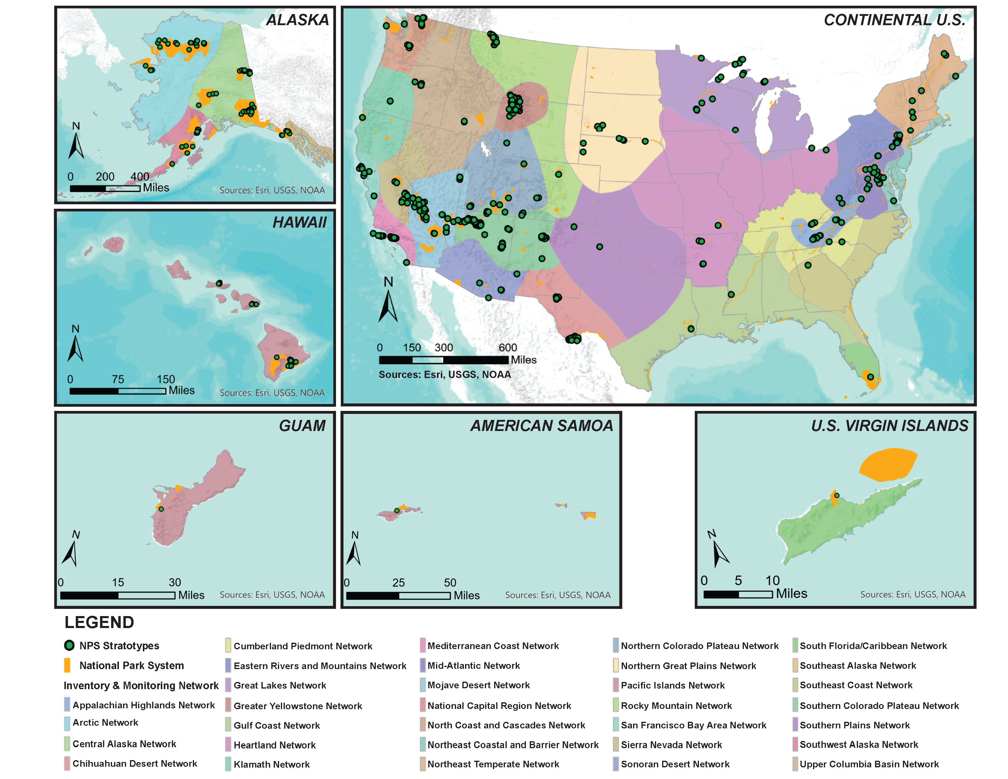 maps of the continental u.s., alaska, hawaii, guan, american samoa, and the u.s. virgin islands with NPS stratotypes marked on maps with overlays of national parks and inventory and monitoring networks