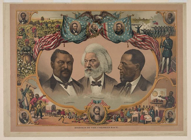 An illustration of head-and-shoulders portraits of Blanche Kelso Bruce, Frederick Douglass, and Hiram Rhoades Revels surrounded by Civil War and Reconstruction illustrations.