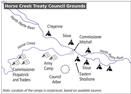 Black and white teepee and camp icons scattered along the confluence of N. Platte River and Horse Creek.