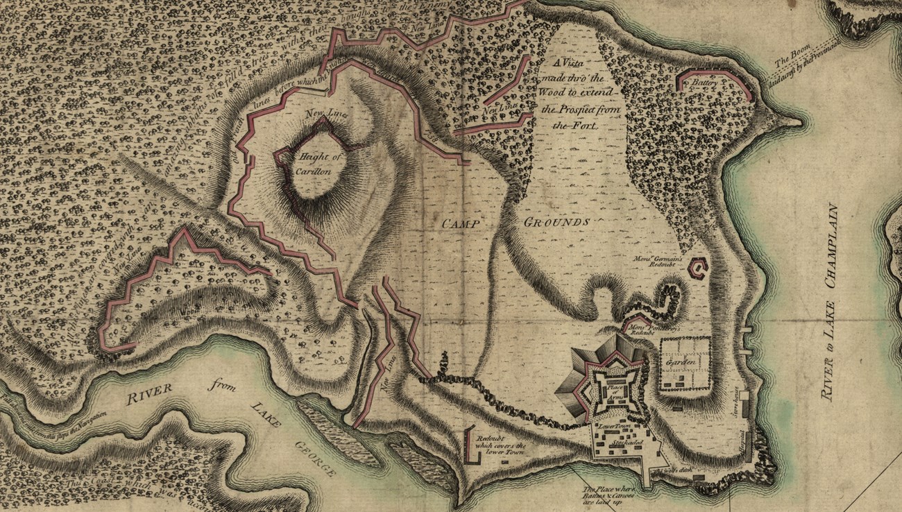 A reproduction of a 1777 map of Fort Ticonderoga and its surroundings.