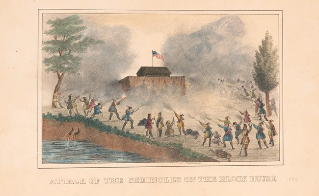 A colored illustration of a semi-circular formation of men in clothes of blue and yellow firing muskets towards a wooden palisaded fort.