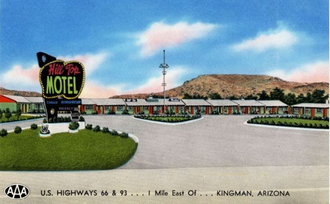 Illustration to the entrance of a 1960s era motel.