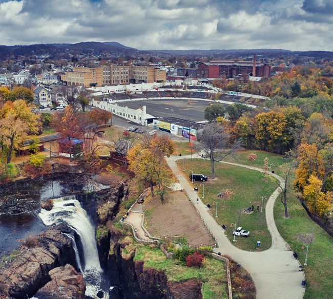 Aerial photo of Hinchliffe Stadium with Great Falls in foreground