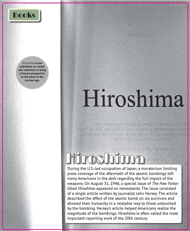 Hiroshima An exhibit panel showing text and the cover of a book.