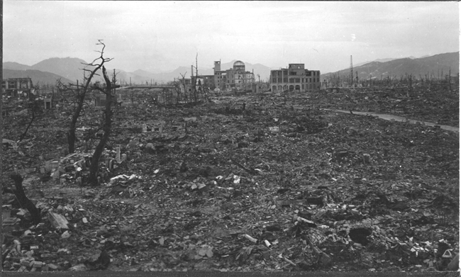 Ground photo of the destruction in Hiroshima, very few structures standing