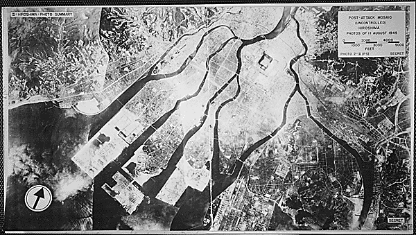 Aerial photo of Hiroshima post-bombing, top down view