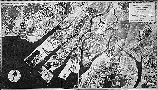 High aerial black and white photo, Hiroshima, pre-bomb