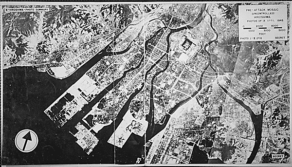 Hiroshima prior to the bombing High aerial black and white photo, Hiroshima, pre-bomb
