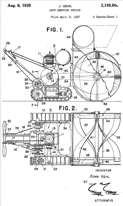 Two drawings, Figure 1 on top of Figure 2, of a patent design for a snow removal machine