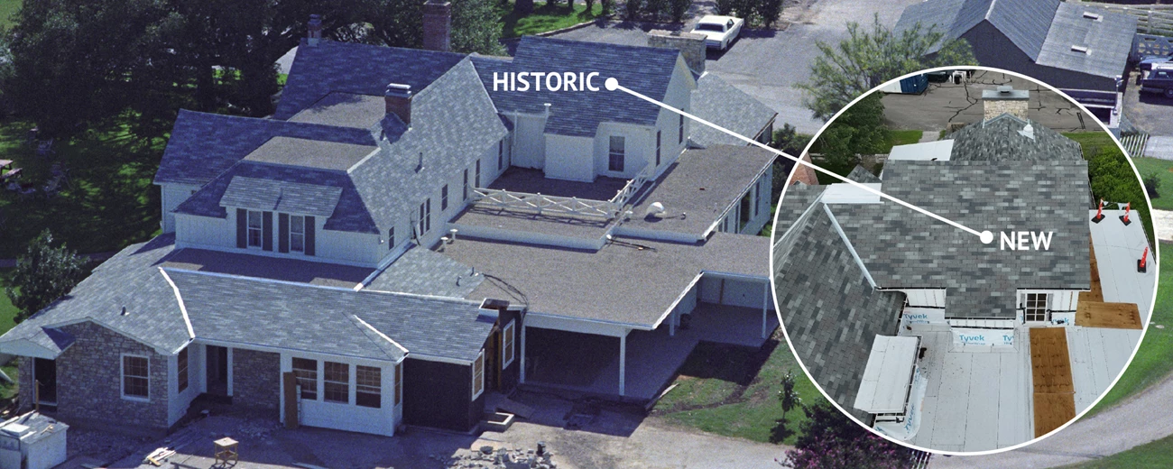 1967 aerial view of Texas White House roof and inset view of new 2025 roof.