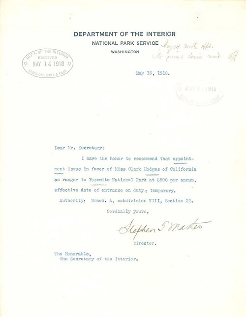 Letter from NPS Director Stephen T. Mather's requesting the appointment of Clare Hodges as a ranger (not “rangerette”) in 1918. The typo in her name calls her Clark instead of Clare. (National Archives photo)