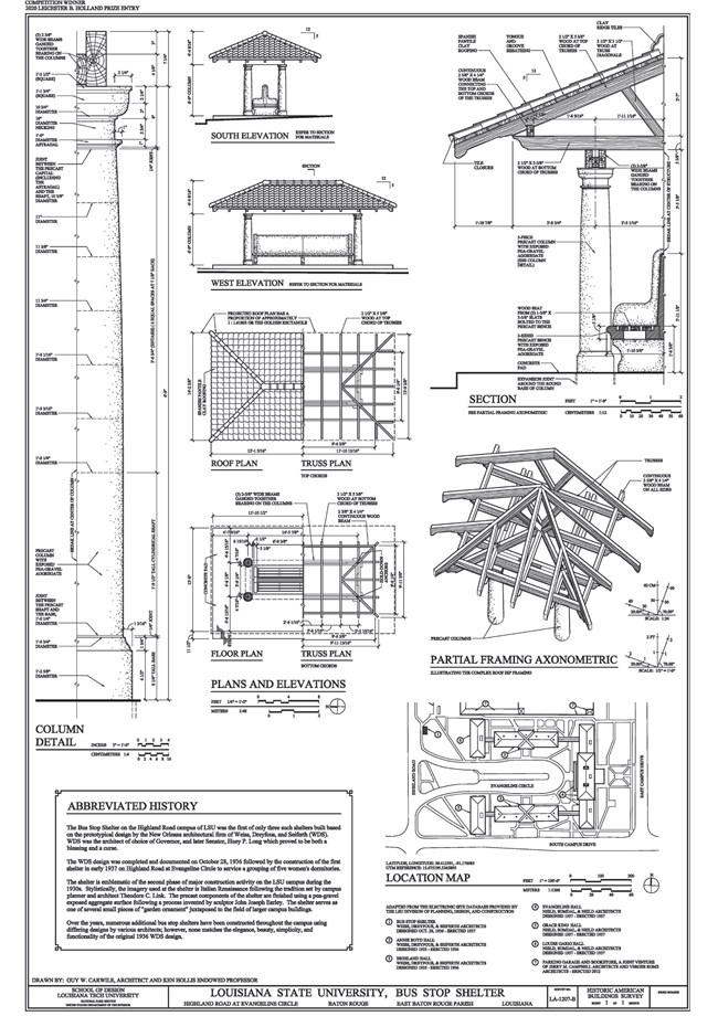 Louisiana State University Bus Stop Shelter Architectural drawing shows multiple views of a bus stop shetler that includes roof structure, support pillars, and location..