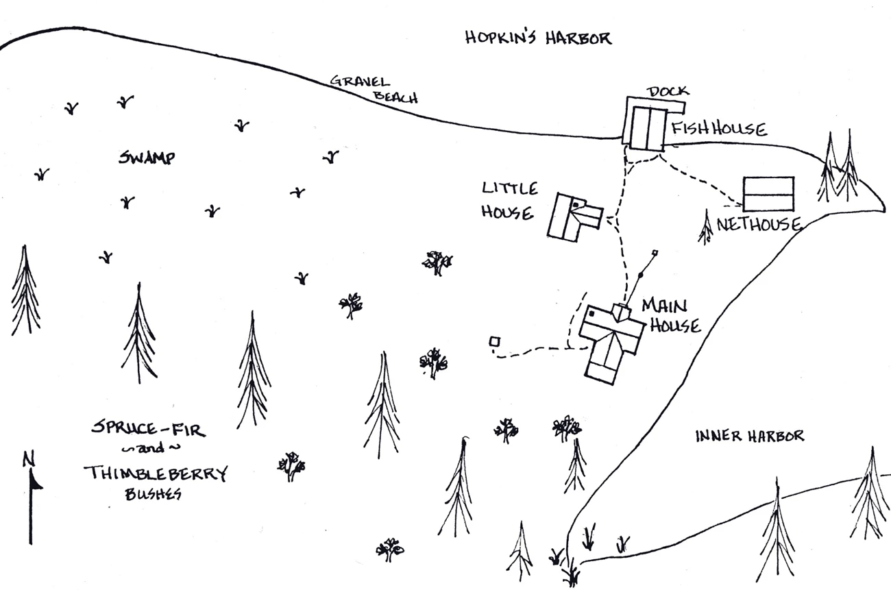 Holte Fishery sketch denoting late buildings at Holte Fishery: main house, little house, net house, fish house