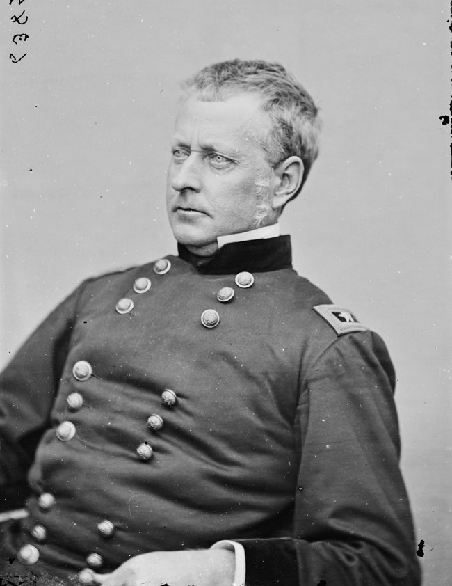 Black and white photograph of US Civil War General Joseph Hooker, facing forward, profile