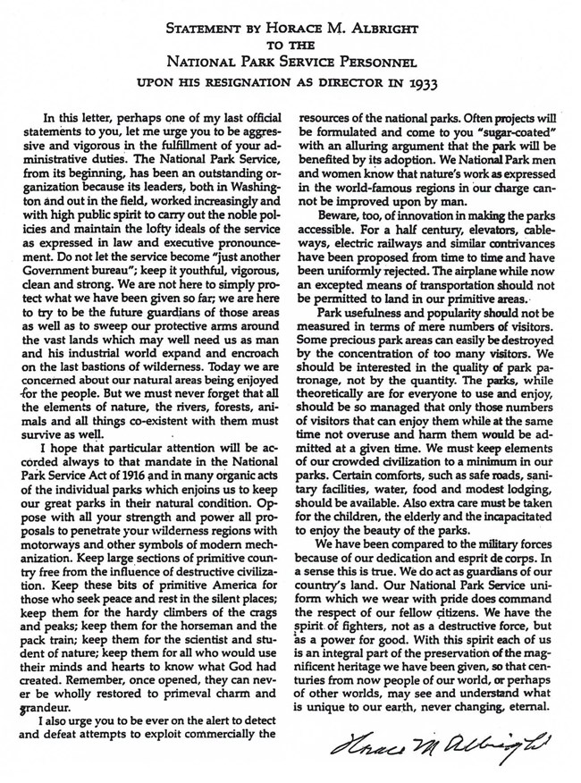 Letter from Horace Albright to the staff of the National Park Service upon his resignation from the agency. Read text in accordion element on this page.