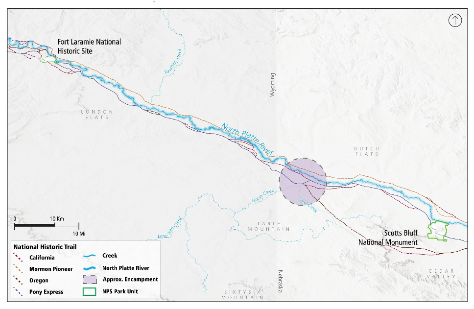 A circular purple spot in the lower right quadrant of the image surrounded by a dashed line. Scotts Bluff National Monument is in the bottom right corner, Ft. Laramie National Historic Site is in the upper left corner.