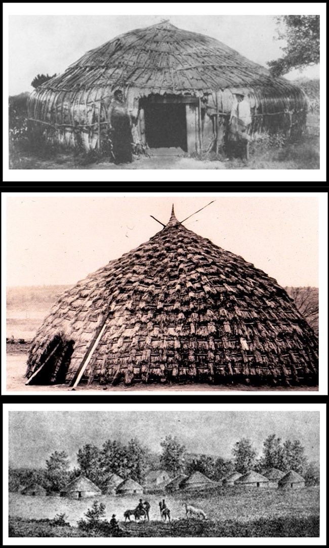 Collage of three images showing Kansa and Wichita grass and bark lodges Collage of three images showing Kansa and Wichita grass and bark lodges