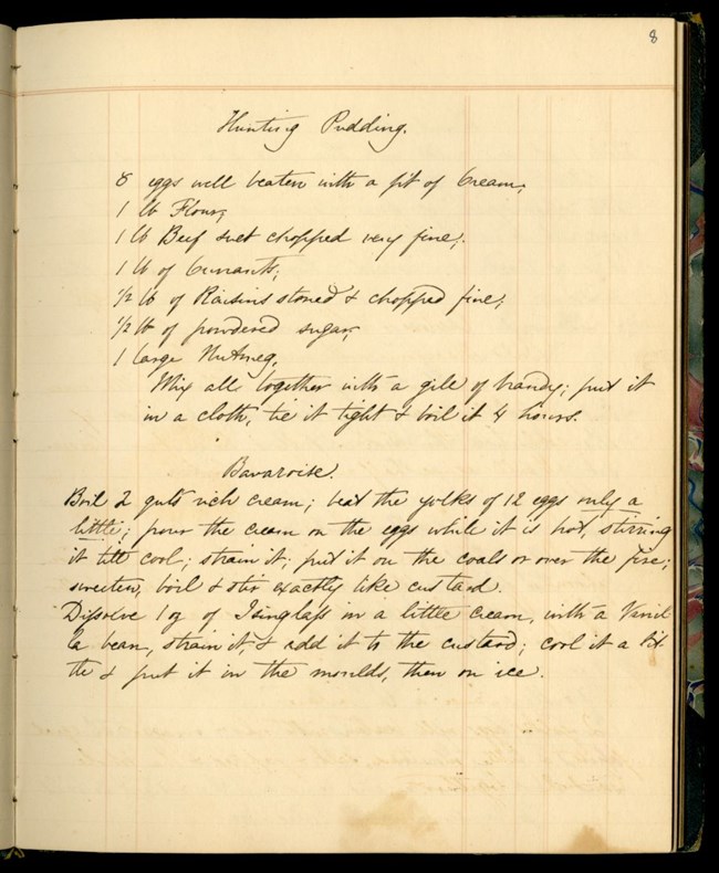 lt= handwritten recipes for Hunting Pudding and Bavaroise in bound book