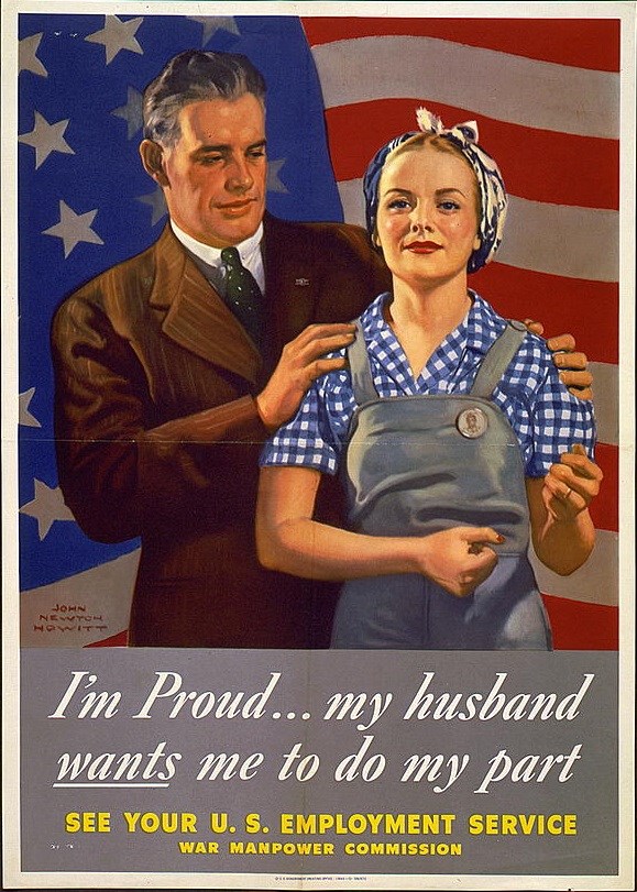 I'm Proud...Poster Illustrated image of a white woman in overalls and kerchief with a white man in brown suit standing next to her with hands on her shoulders