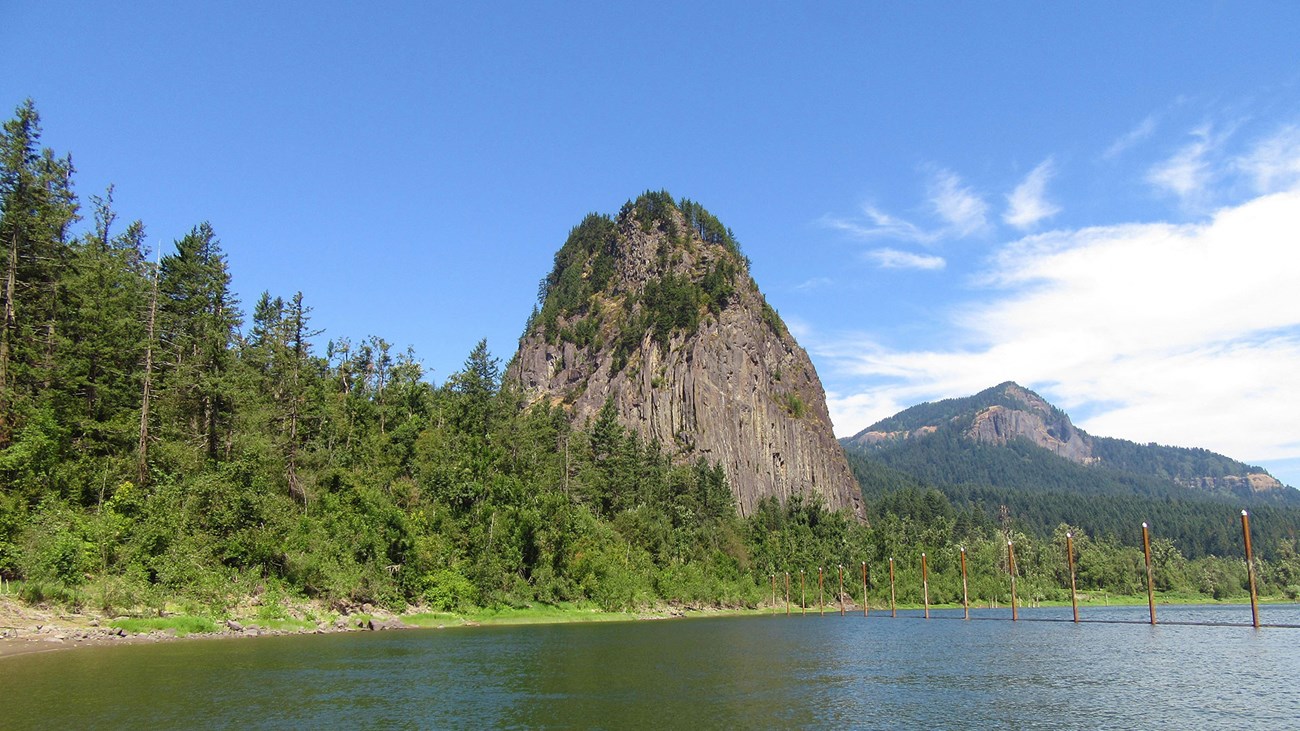 photo of shoreline with trees an a large rock monolith
