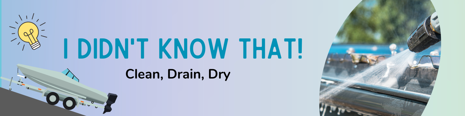 a title image for "I Didn't Know That! Clean, Drain, Dry" with image of a boat and a power washing cleaning a boat