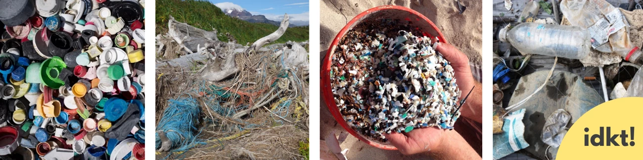 Ocean Plastics an image collage of 4 images of marine debris. The first shows a lot of collected plastic bottle caps, the second shows plastic rope tangled up on a shoreline, the third shows small pieces of plastic in a bucket, and the last shows plastic bottles