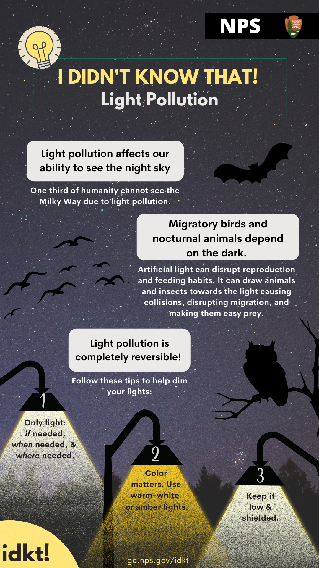 An infographic showing how light pollution affects us and animals as well as tips on how to reduce light pollution. Full text description available below image