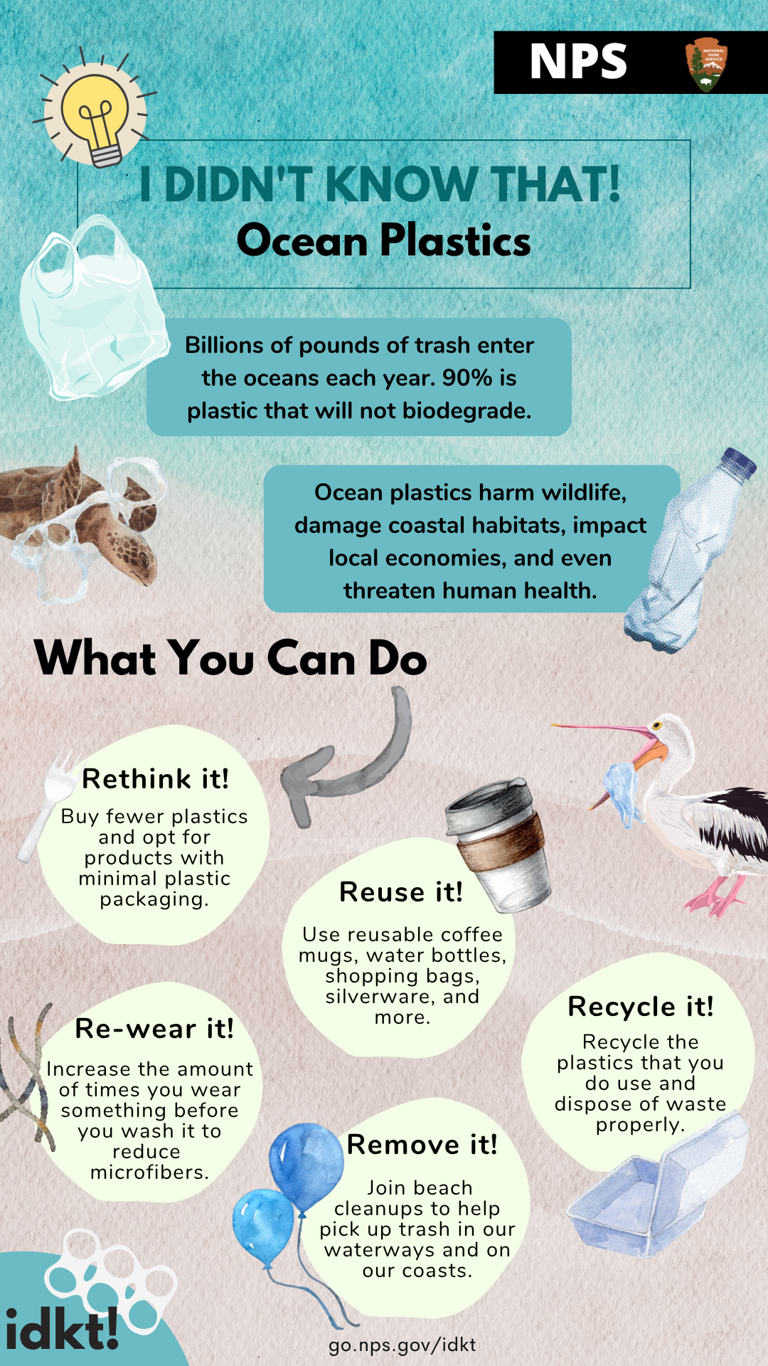 IDKT! Card Ocean Plastics an infographic that describes the issue of ocean plastics and what you can do to help prevent them. Full alt text available below image