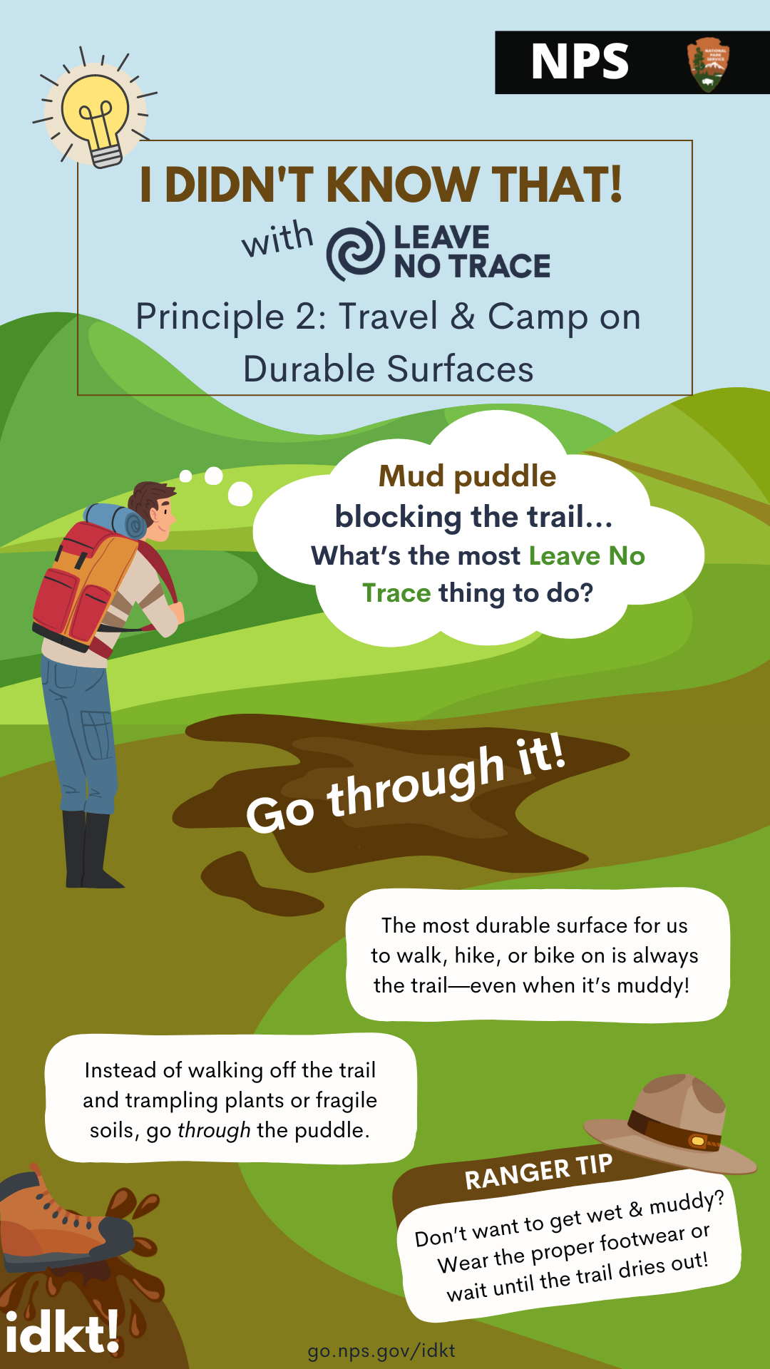 Screenshot and share! an infographic on what to do if you encounter a mud puddle blocking the trail.