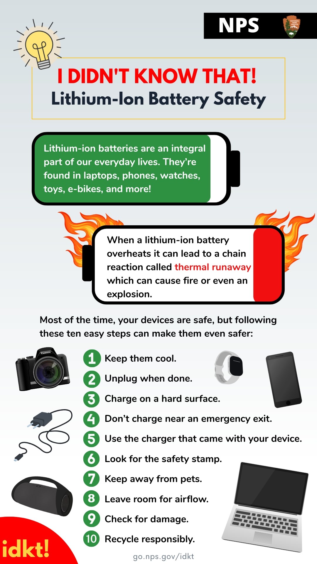 An infographic titled "I Didn't Know That! Lithium-Ion Battery Safety" that explains why these batteries can be dangerous and ten steps to stay safe