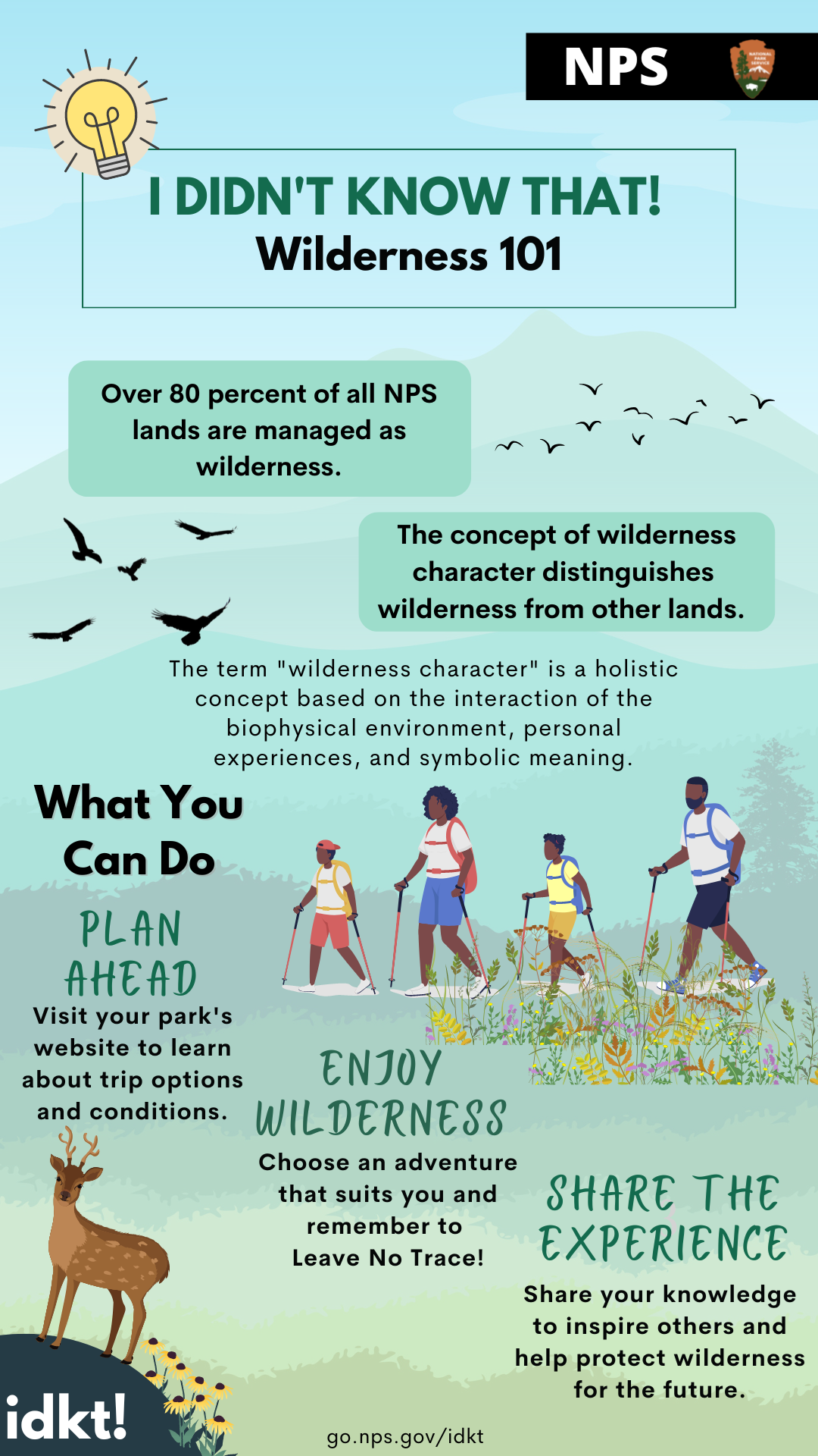 IDKT! Wilderness 101 An infographic showing with tips on Wilderness. Full text description available below image