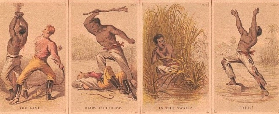 4 print images of an enslaved person being whipped, turning on his enslaver, escaping through a swamp, and exulting in freedom