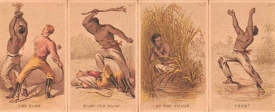 Journey of a Slave 4 print images of an enslaved person being whipped, turning on his enslaver, escaping through a swamp, and exulting in freedom