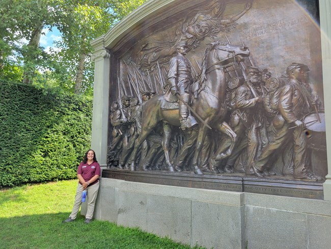 Cristina pictured in front of the Shaw/54th Memorial, one of the monuments on her tour. Cristina pictures in front of the Shaw/54th Memorial