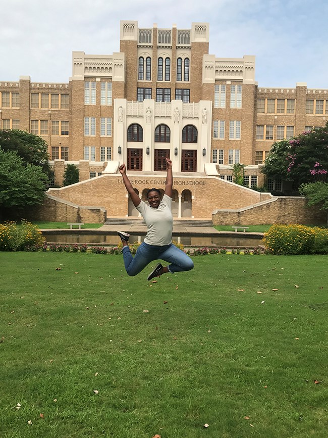 IMG-8604960 Alyssa jumping in front of Little Rock Central High School