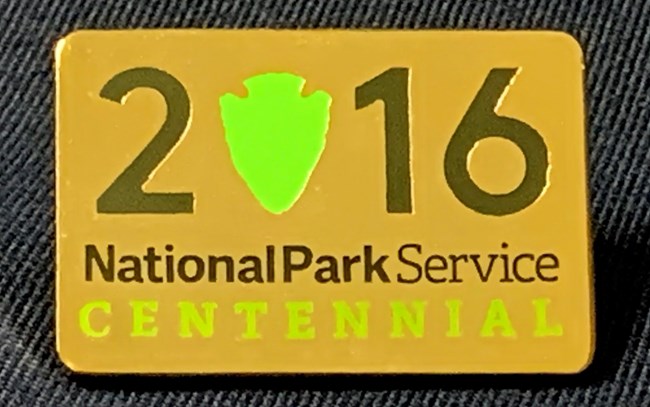 Rectangular gold pin with black lettering 2016 where the 0 is replaced by a bright green arrowhead, over National Park Service in black and Centennial in bright green.