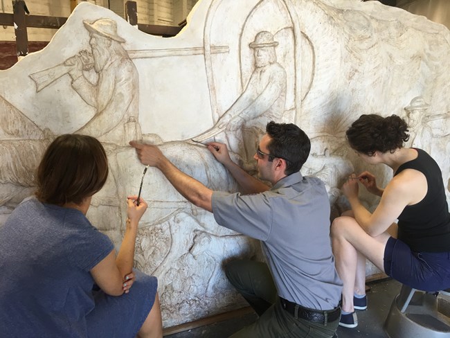 This plaster relief at Weir Farms show the Mormon migration westward. This plaster relief at Weir Farms show the Mormon migration westward.