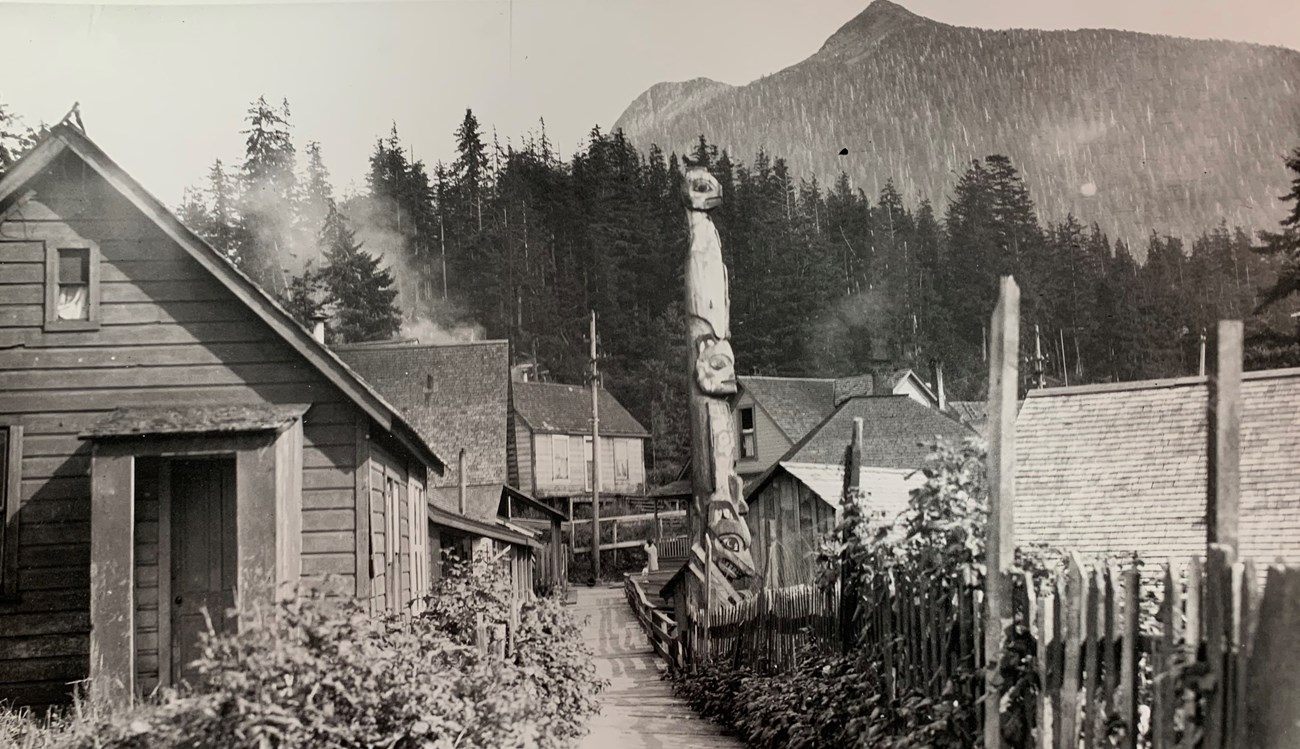 View of totem poles in front of houses
