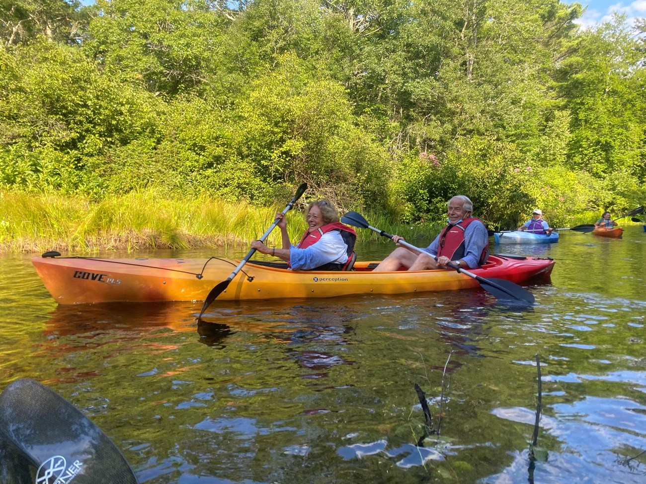 Stewardship Council and WPWA board members paddling the upper Wood River, Hopkinton, RI.  Council Town Representative and his wife share the tandem kayak above. Photo by Patricia Lardner.