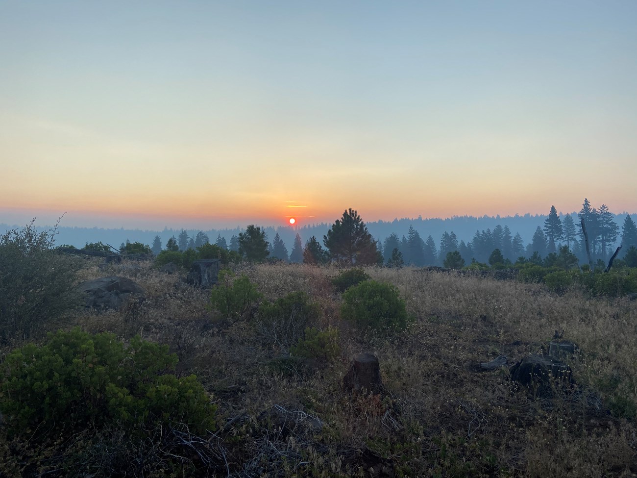 Smoke from the Dixie Fire A deep orange sun sets over hazy bluish treelines, viewed from a dry, grass- and shrub-covered ridge.