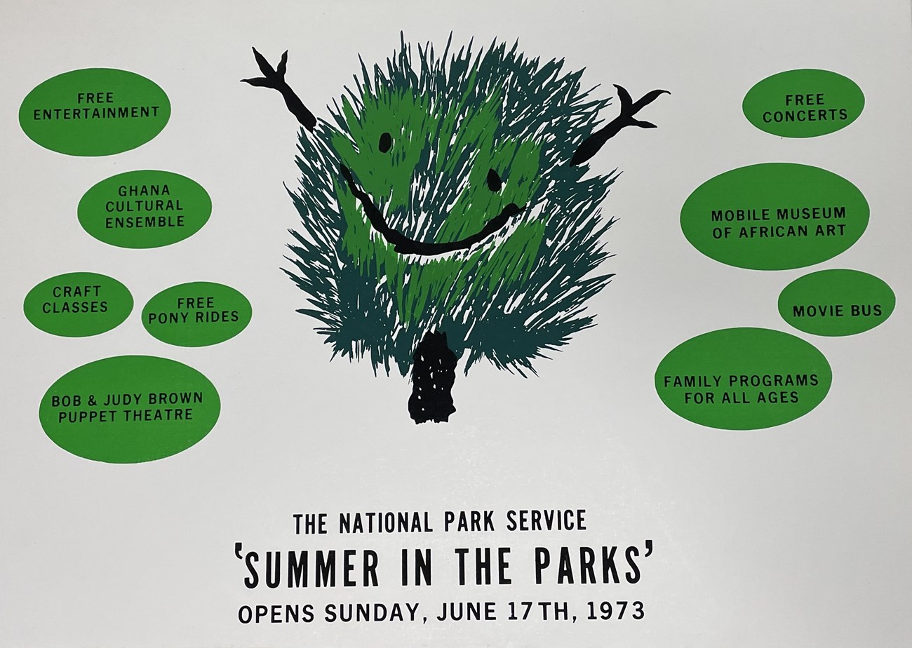 Summer in the Parks opening day poster Bushy green tree with smile and upraised arms surrounded by events on offer