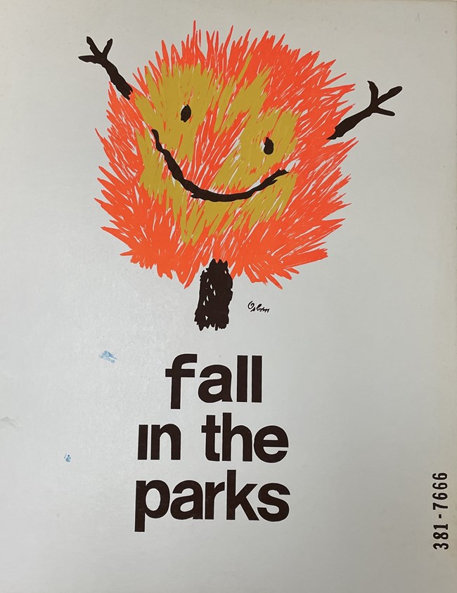 Fall in the Parks poster Bushy orange and yellow tree with a smile and upraised arms