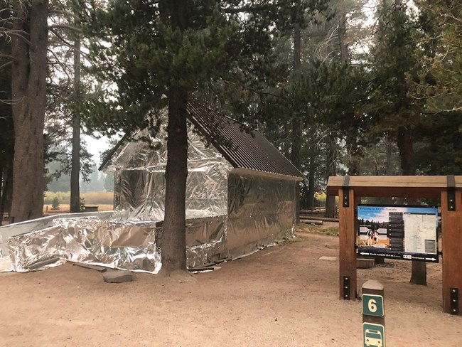 View of historic ranger station in Devils Postpile National Monument, nestled amongst conifer trees, and wrapped in fire-resistant material to protect it from fire.