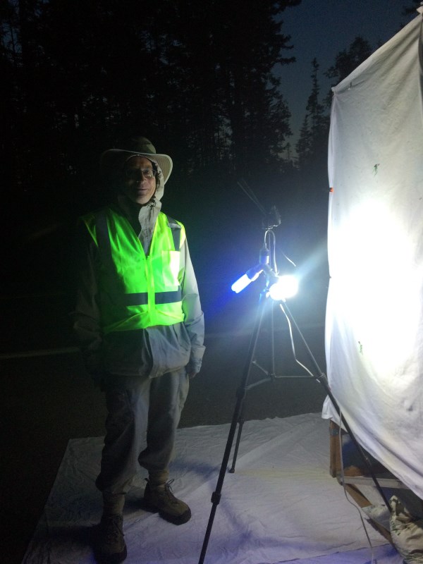 Researcher stands in dark in a hooded jacket, hat, and yellow safety vest