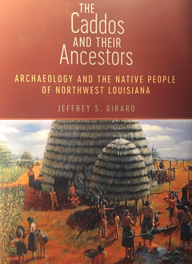 Book cover depicting Caddo village life among conical huts.